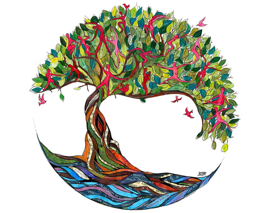 Greeting Card of a Paper Collage of tree of life including many parts of life in tree leaves, river below - inspirational - Blank Inside