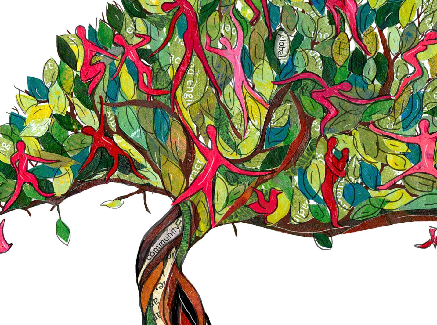 Greeting Card of a Paper Collage of tree of life including many parts of life in tree leaves, river below - inspirational - Blank Inside