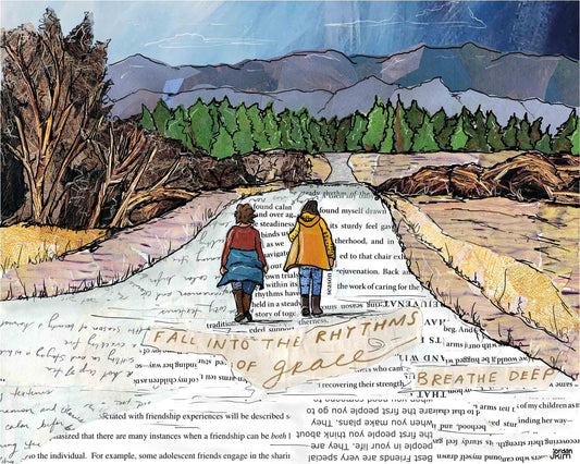 8x10 Art print of a Paper Collage of friends walking on a country road, pandemic art, connection, friendship, gift, nature, walk - Wall Art