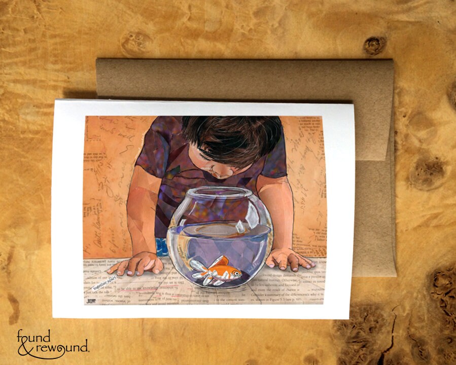 Greeting Card of a Paper Collage of a little boy looking into a fish bowl, goldfish, childhood, pandemic art, connection - Blank Inside