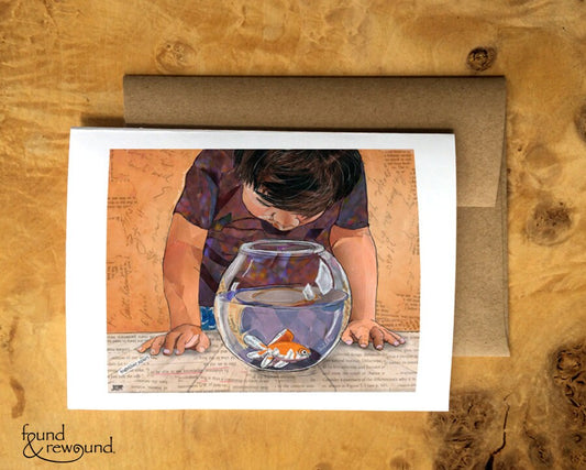 Greeting Card of a Paper Collage of a little boy looking into a fish bowl, goldfish, childhood, pandemic art, connection - Blank Inside