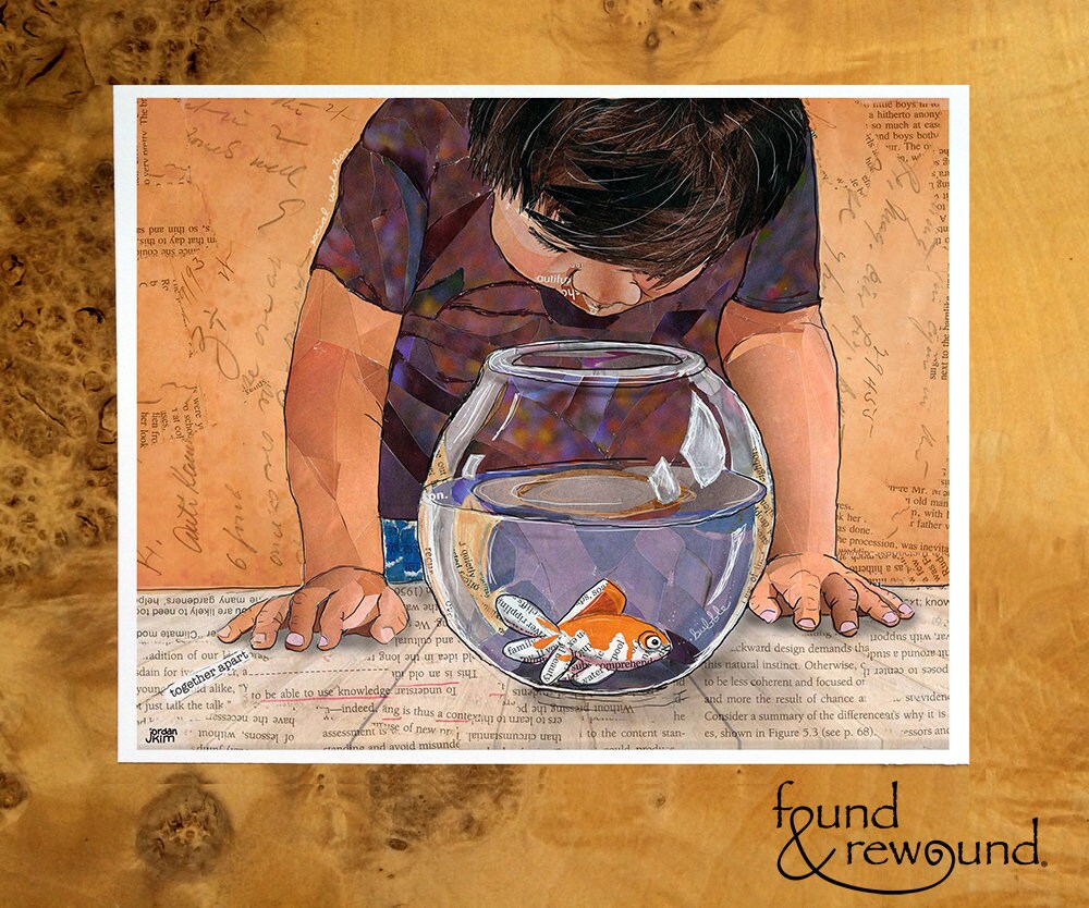 8x10 Art print of a Paper Collage of a little boy looking into a fish bowl, goldfish, childhood, pandemic art, connection - Wall Art