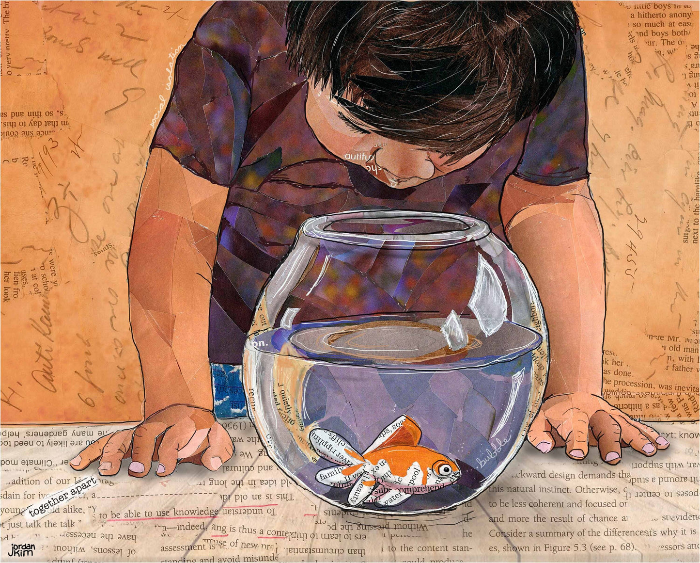 8x10 Art print of a Paper Collage of a little boy looking into a fish bowl, goldfish, childhood, pandemic art, connection - Wall Art