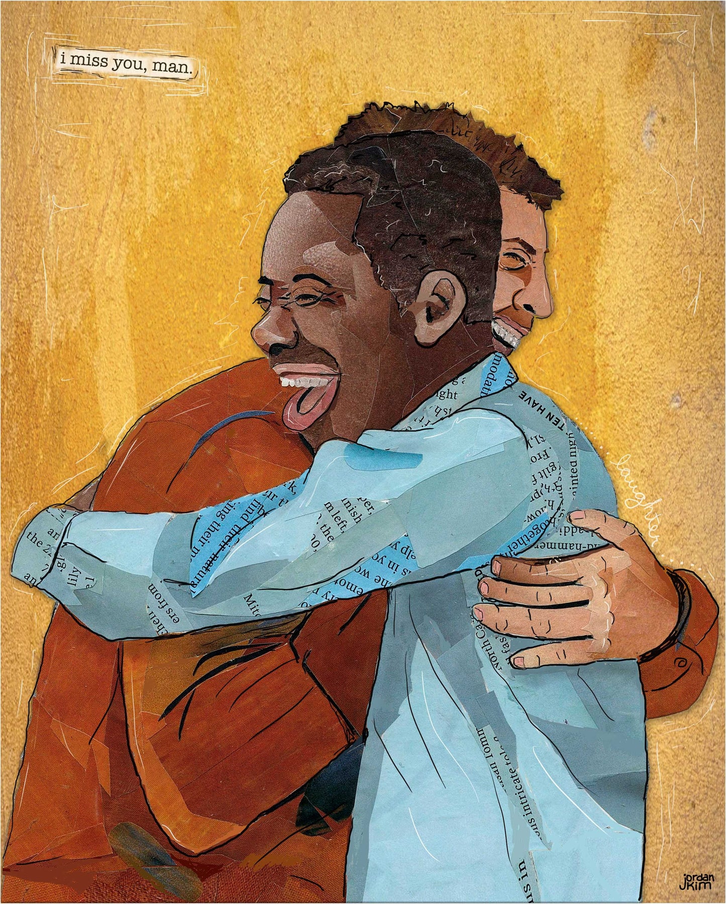 Greeting Card of a Paper Collage of a two men hugging and laughing, friends, friendship, hug, pandemic art, connection - Blank Inside