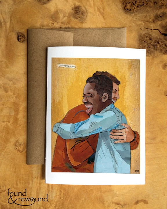 Greeting Card of a Paper Collage of a two men hugging and laughing, friends, friendship, hug, pandemic art, connection - Blank Inside