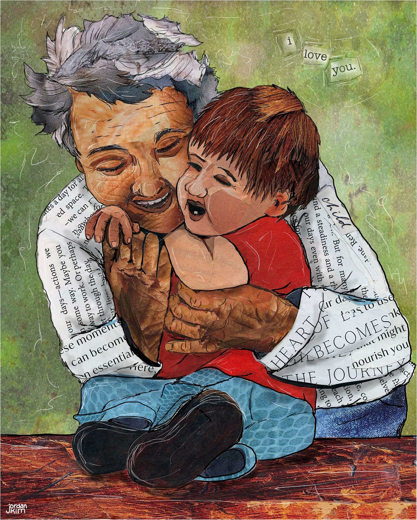 Greeting Card of a Paper Collage of a grandmother hugging a toddler, love, grandma hug, elderly, pandemic art, connection - Blank Inside