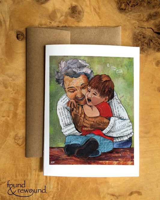 Greeting Card of a Paper Collage of a grandmother hugging a toddler, love, grandma hug, elderly, pandemic art, connection - Blank Inside