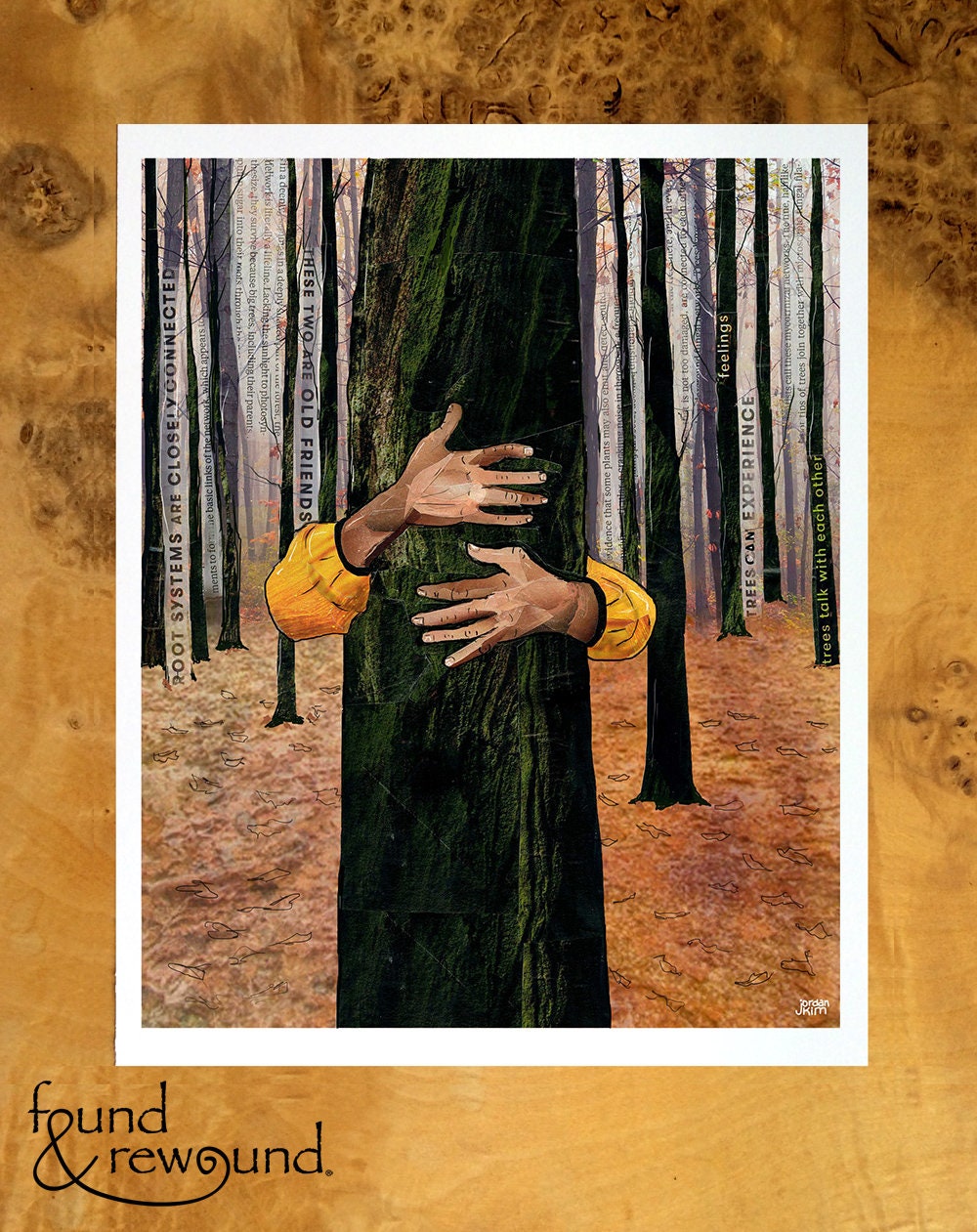 8x10 Art print of a Paper Collage of a person hugging a tree, tree hugger, hands, forest, nature, pandemic art, connection - Wall Art