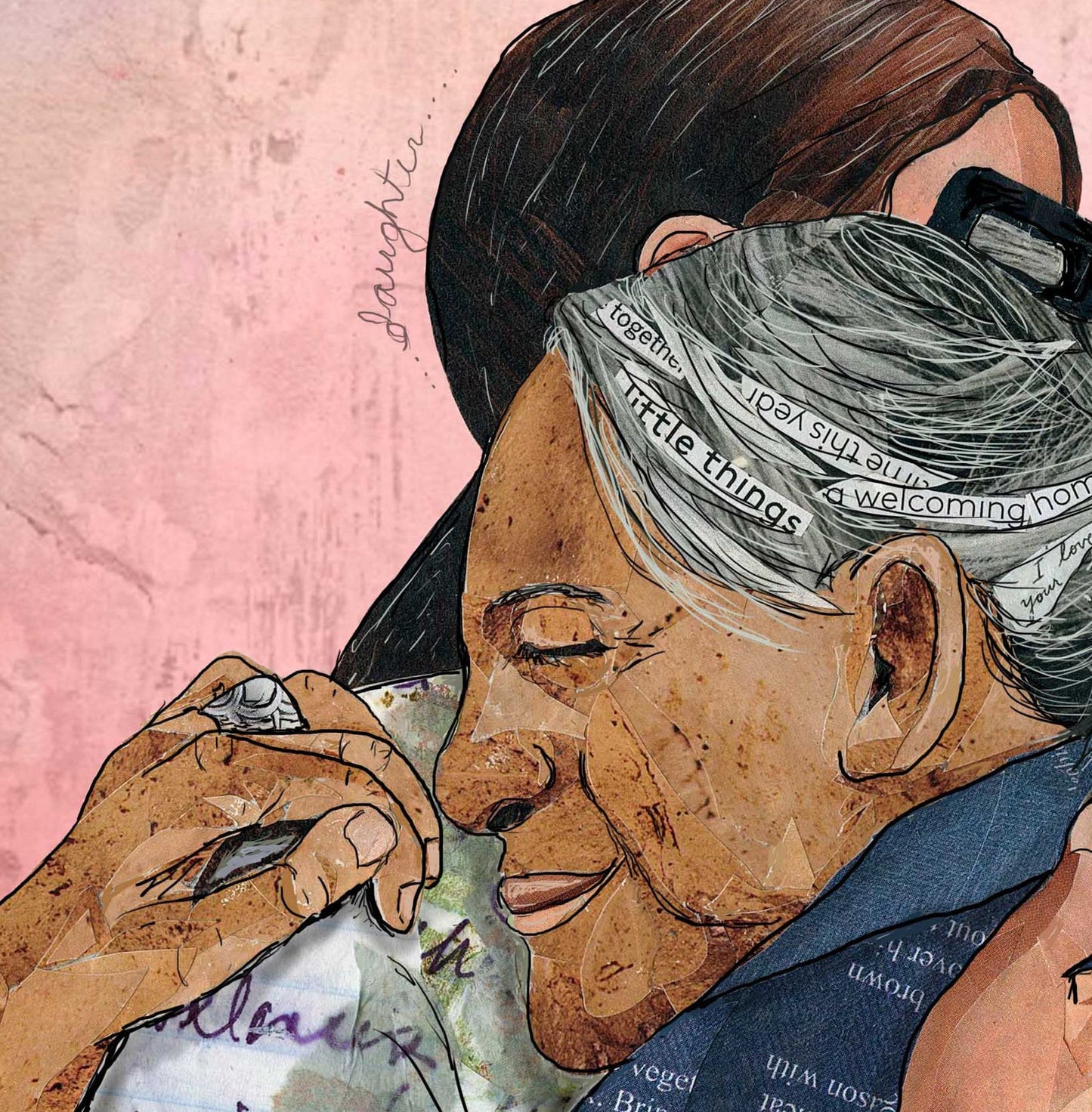 Greeting Card of a Paper Collage of an elderly woman hugging her daughter, mother, daughter, mom, pandemic art, connection - Blank Inside
