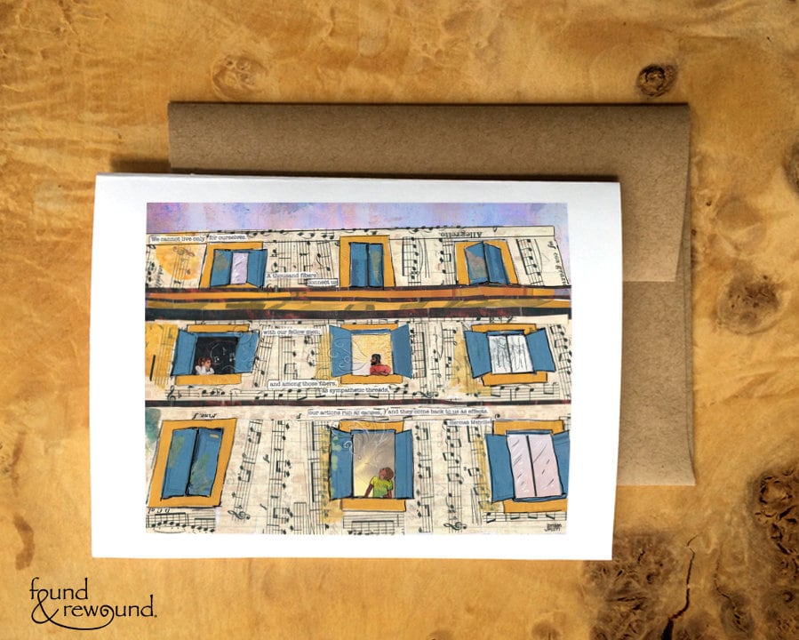 Greeting Card of a Paper Collage of neighbors connecting on their balconies, pandemic art, sheet music, singing, talking - Blank Inside