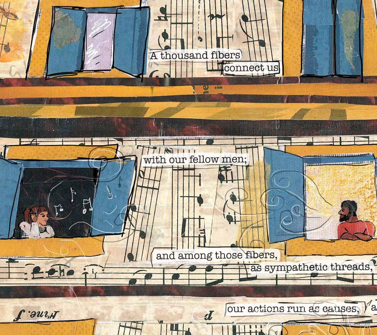 Greeting Card of a Paper Collage of neighbors connecting on their balconies, pandemic art, sheet music, singing, talking - Blank Inside