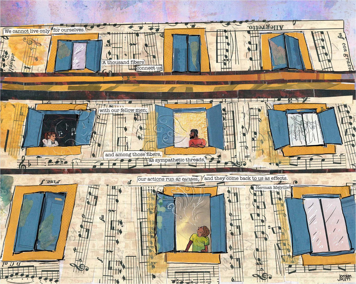 Greeting Card of a Paper Collage of neighbors connecting on their balconies, pandemic art, sheet music, singing, talking - Blank Inside