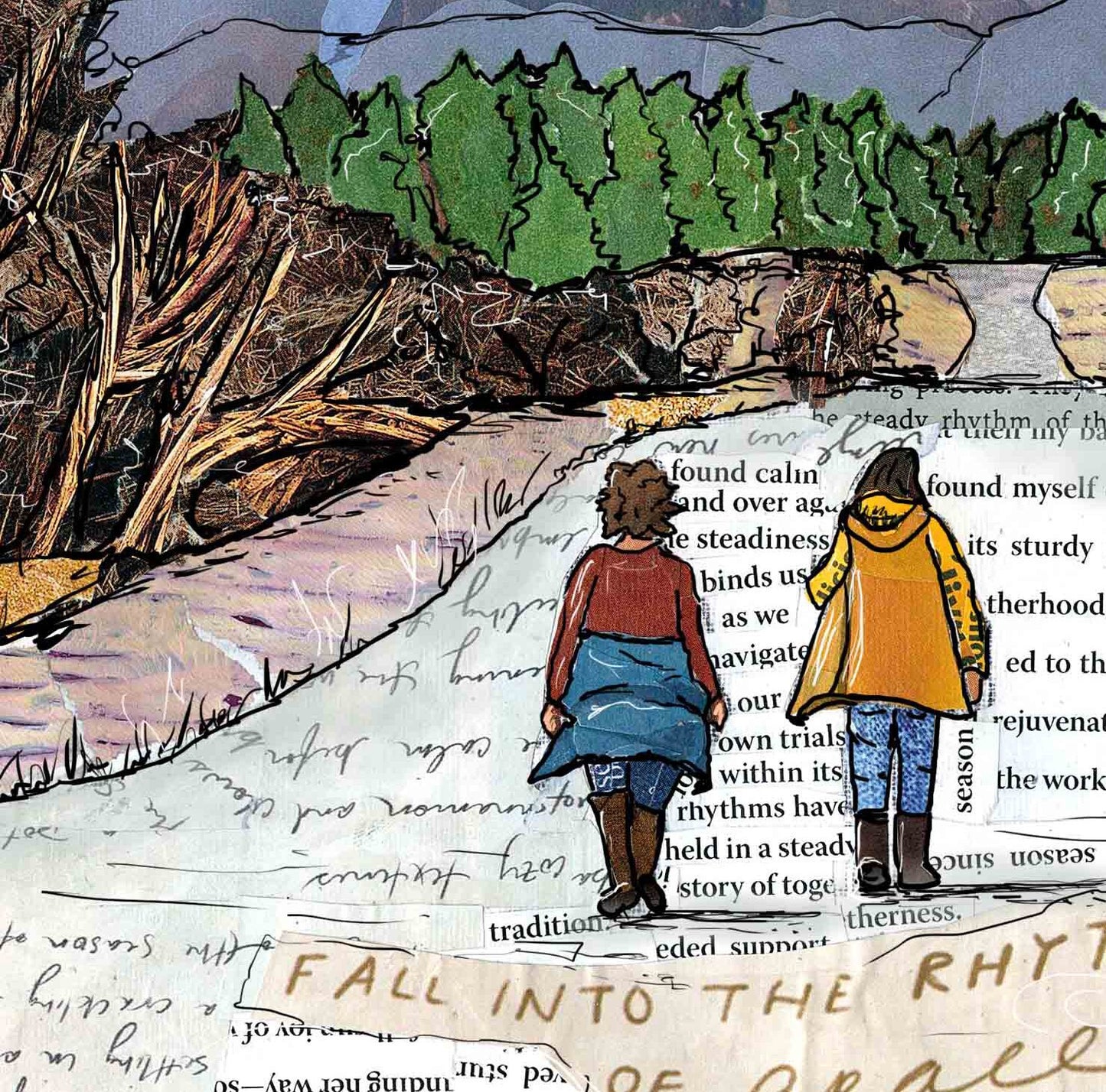 8x10 Art print of a Paper Collage of friends walking on a country road, pandemic art, connection, friendship, gift, nature, walk - Wall Art