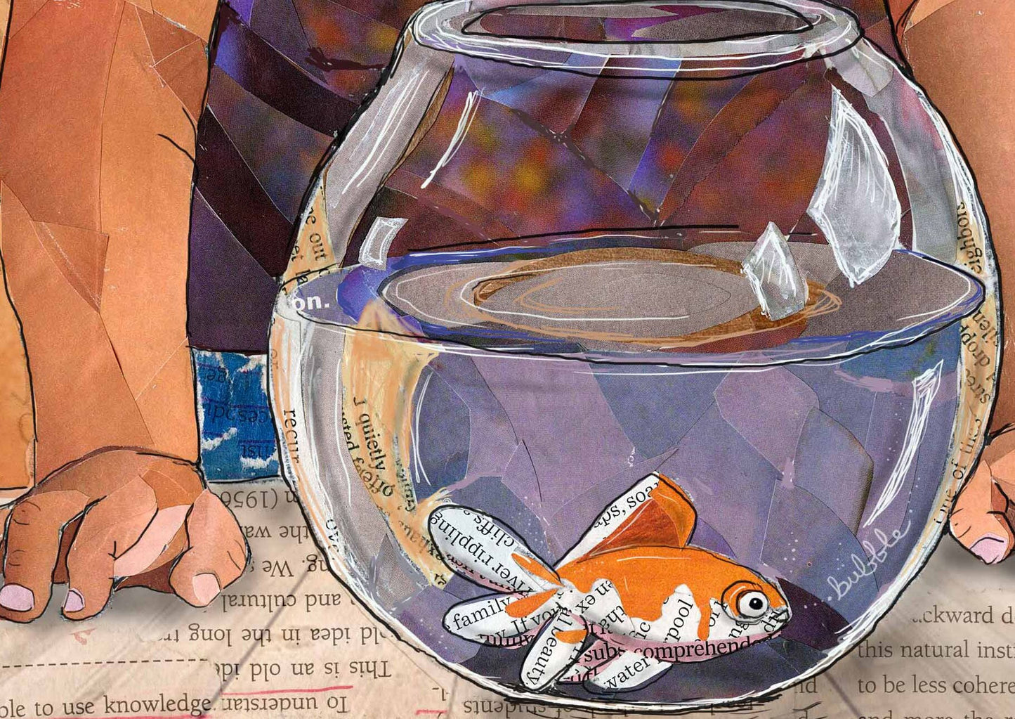 Greeting Card of a Paper Collage of a little boy looking into a fish bowl, goldfish, childhood, pandemic art, connection - Blank Inside