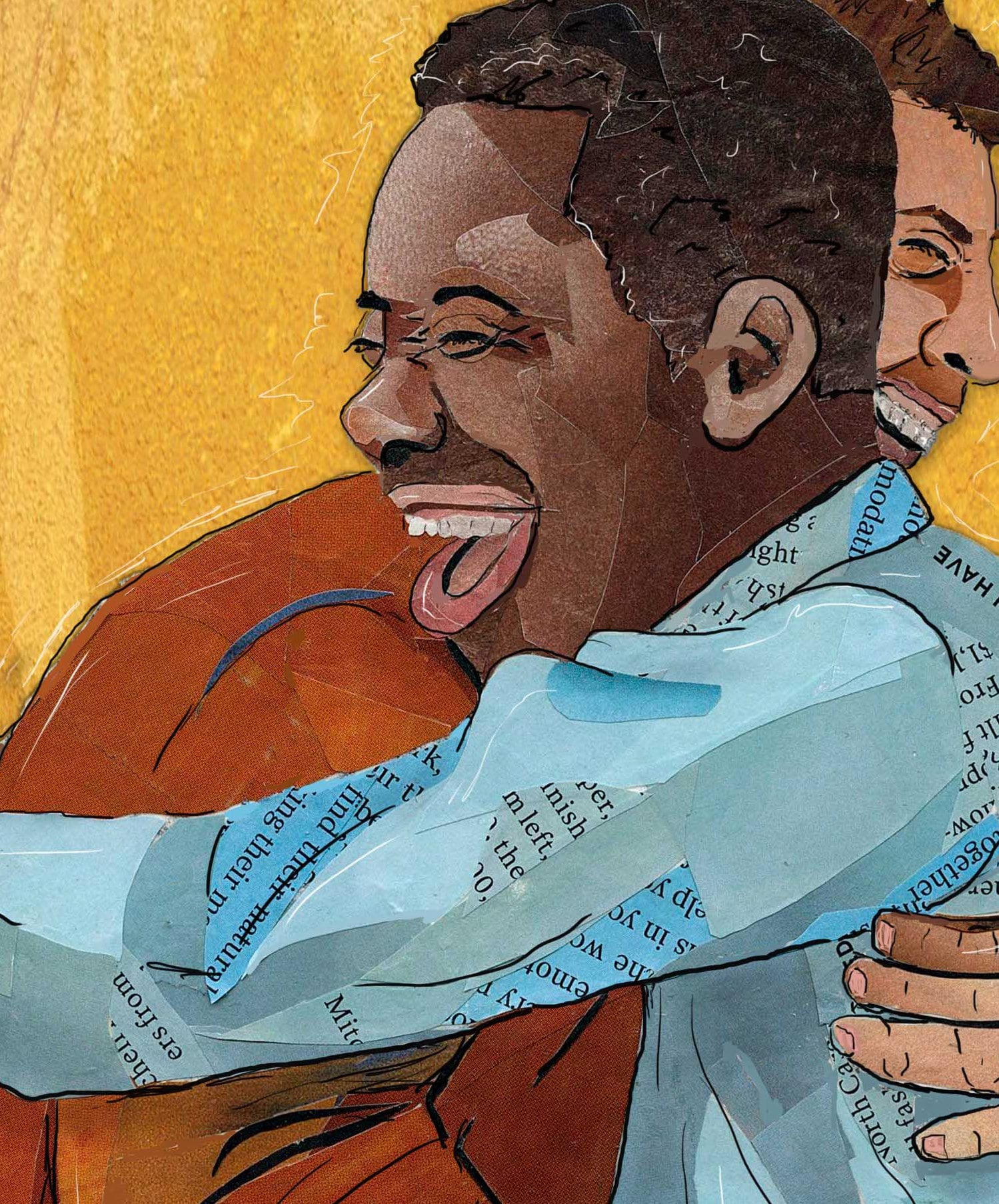 Greeting Card of a Paper Collage of a two men hugging and laughing, friends, friendship, hug, pandemic art, connection - Blank Inside