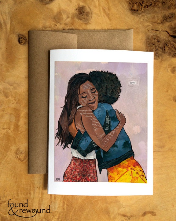 Greeting Card of a Paper Collage of two women hugging, girlfriends, friendship, hug, pandemic art, connection - Blank Inside