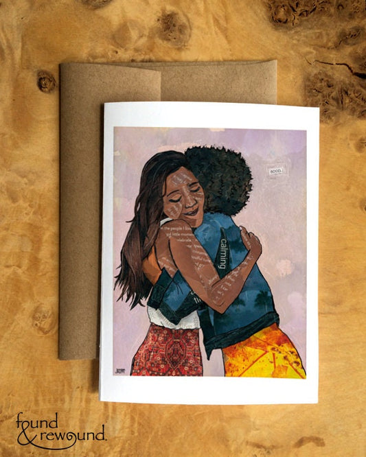 Greeting Card of a Paper Collage of two women hugging, girlfriends, friendship, hug, pandemic art, connection - Blank Inside