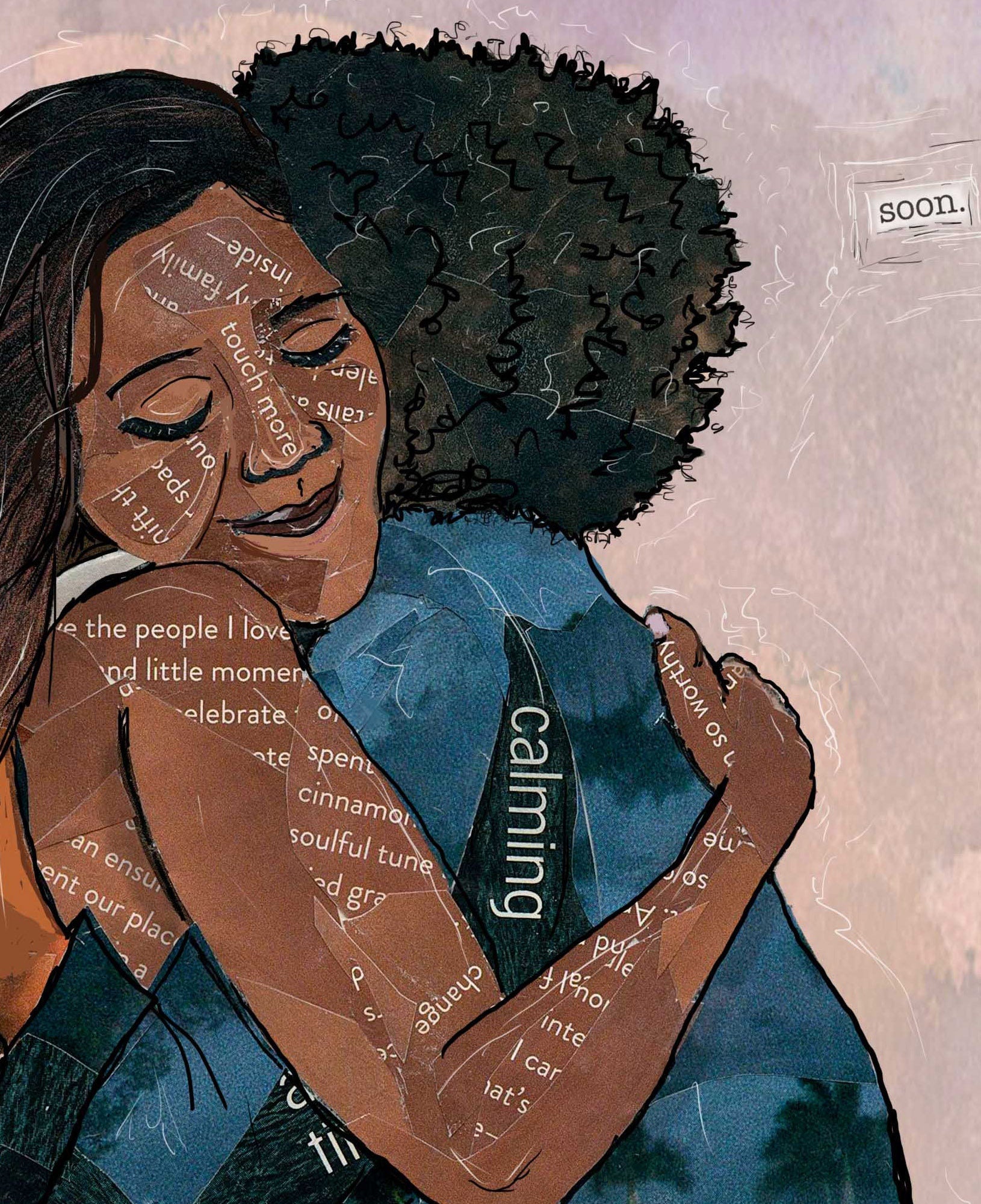 Greeting Card of a Paper Collage of two women hugging, girlfriends, friendship, hug, pandemic art, connection - Blank Inside