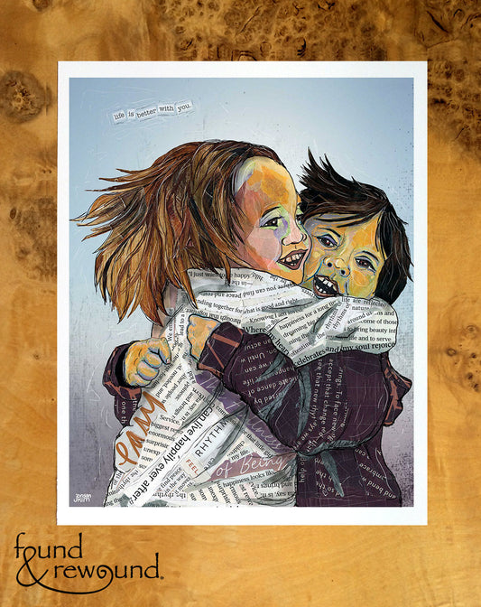 8x10 Art print of a Paper Collage of two children giving each other a hug, kid hug, friends, childhood, pandemic art, connection - Wall Art