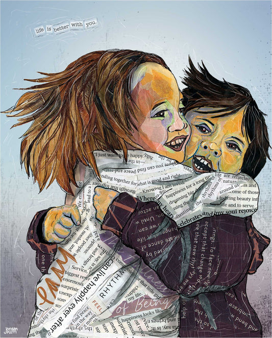 Greeting Card of a Paper Collage of two children giving a hug, kid hug, friends, childhood, pandemic art, connection - Blank Inside