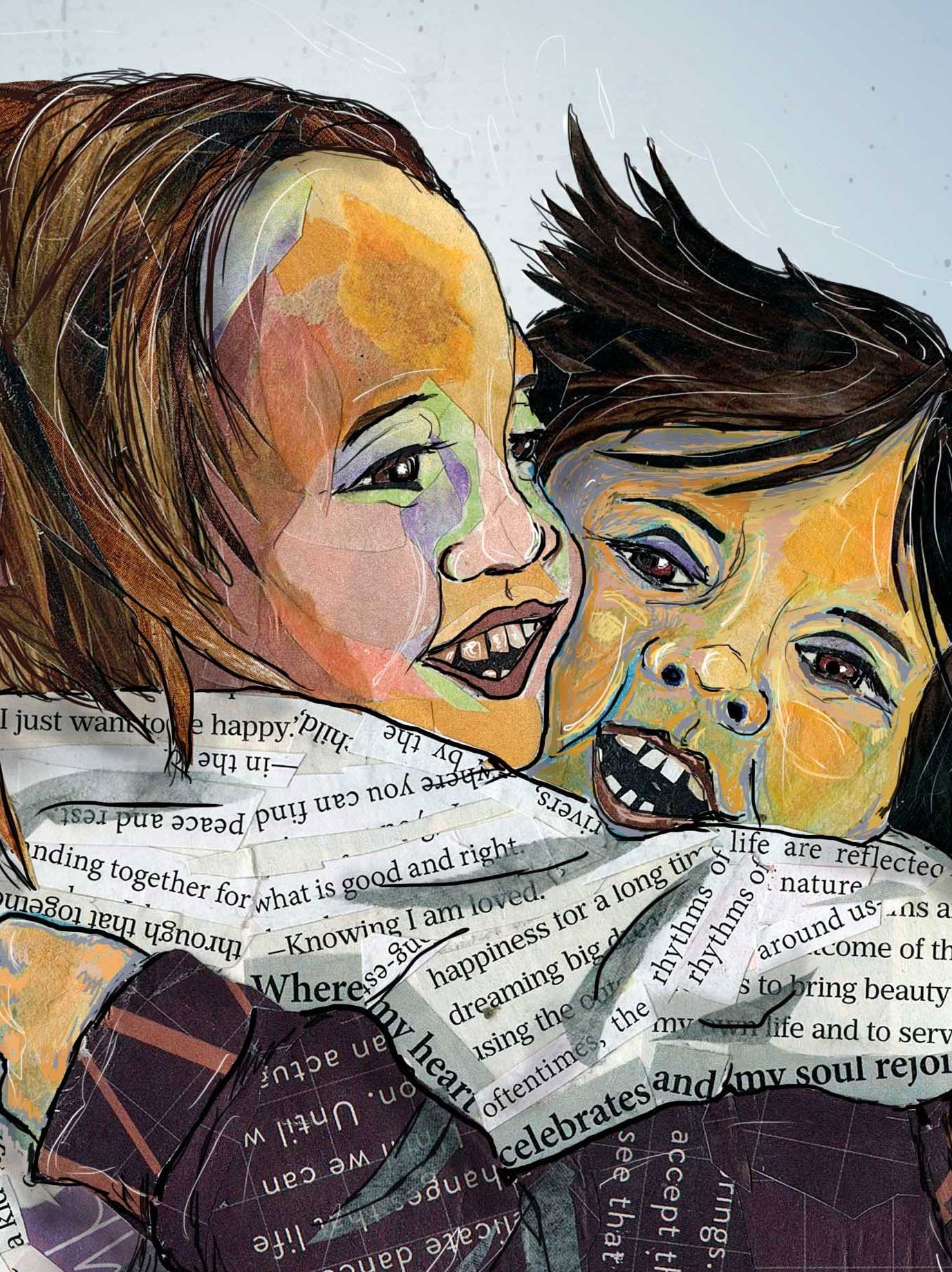Greeting Card of a Paper Collage of two children giving a hug, kid hug, friends, childhood, pandemic art, connection - Blank Inside