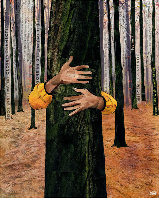 Greeting Card of a Paper Collage of a person hugging a tree, tree hugger, hands, forest, nature, pandemic art, connection - Blank Inside