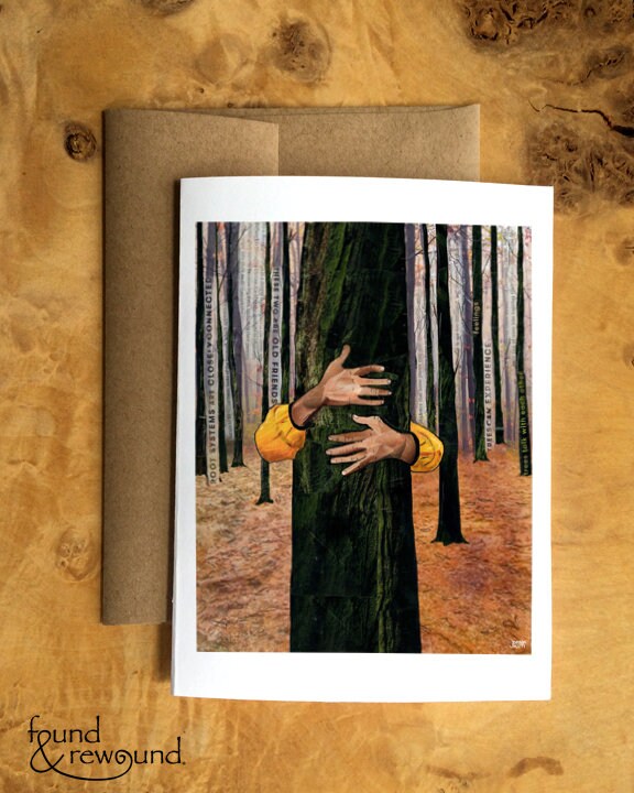 Greeting Card of a Paper Collage of a person hugging a tree, tree hugger, hands, forest, nature, pandemic art, connection - Blank Inside