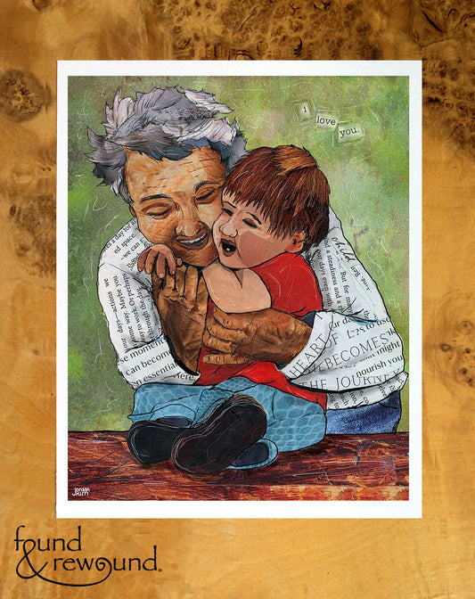 8x10 Art print of a Paper Collage of a grandmother hugging a toddler, love, grandma hug, elderly, pandemic art, connection - Wall Art
