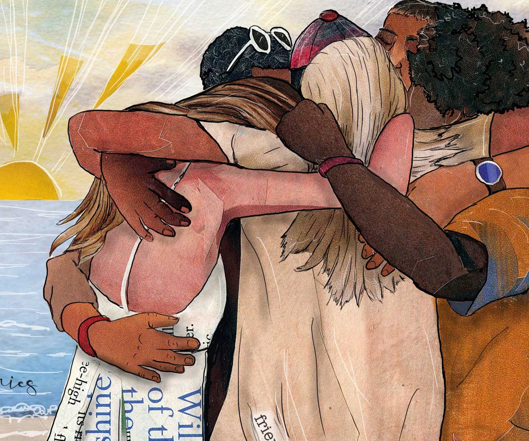 Greeting Card of a Paper Collage of a group of friends hugging at the beach, ocean group hug, pandemic art, connection - Blank Inside