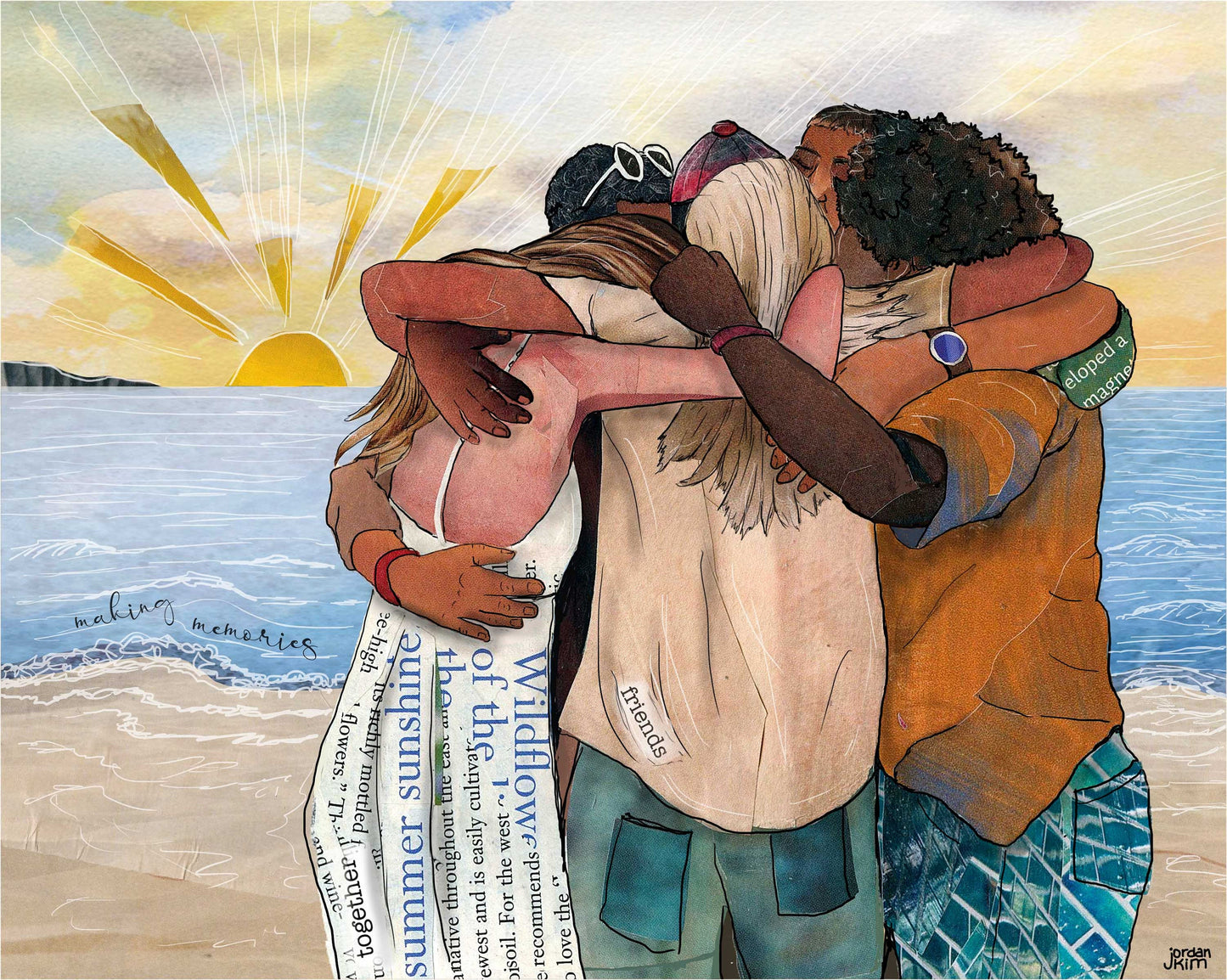 Greeting Card of a Paper Collage of a group of friends hugging at the beach, ocean group hug, pandemic art, connection - Blank Inside