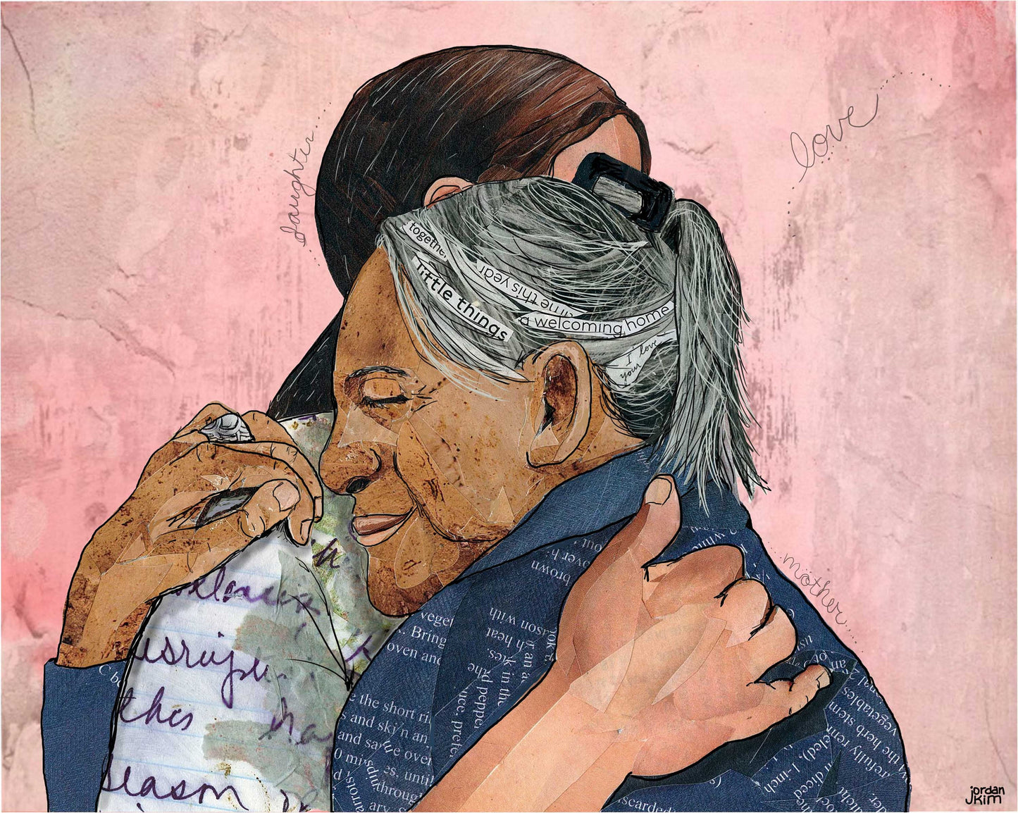 Greeting Card of a Paper Collage of an elderly woman hugging her daughter, mother, daughter, mom, pandemic art, connection - Blank Inside