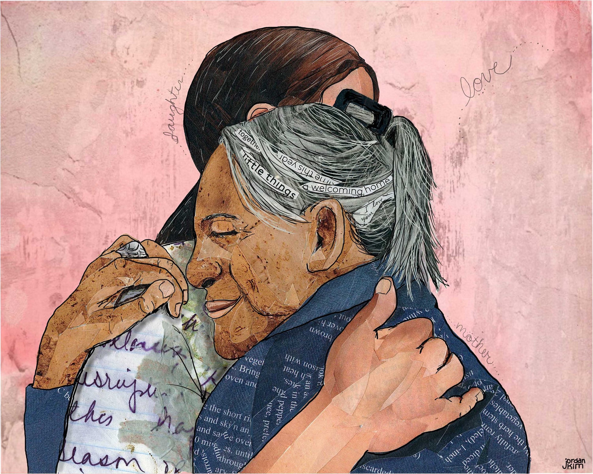Greeting Card of a Paper Collage of an elderly woman hugging her daughter, mother, daughter, mom, pandemic art, connection - Blank Inside