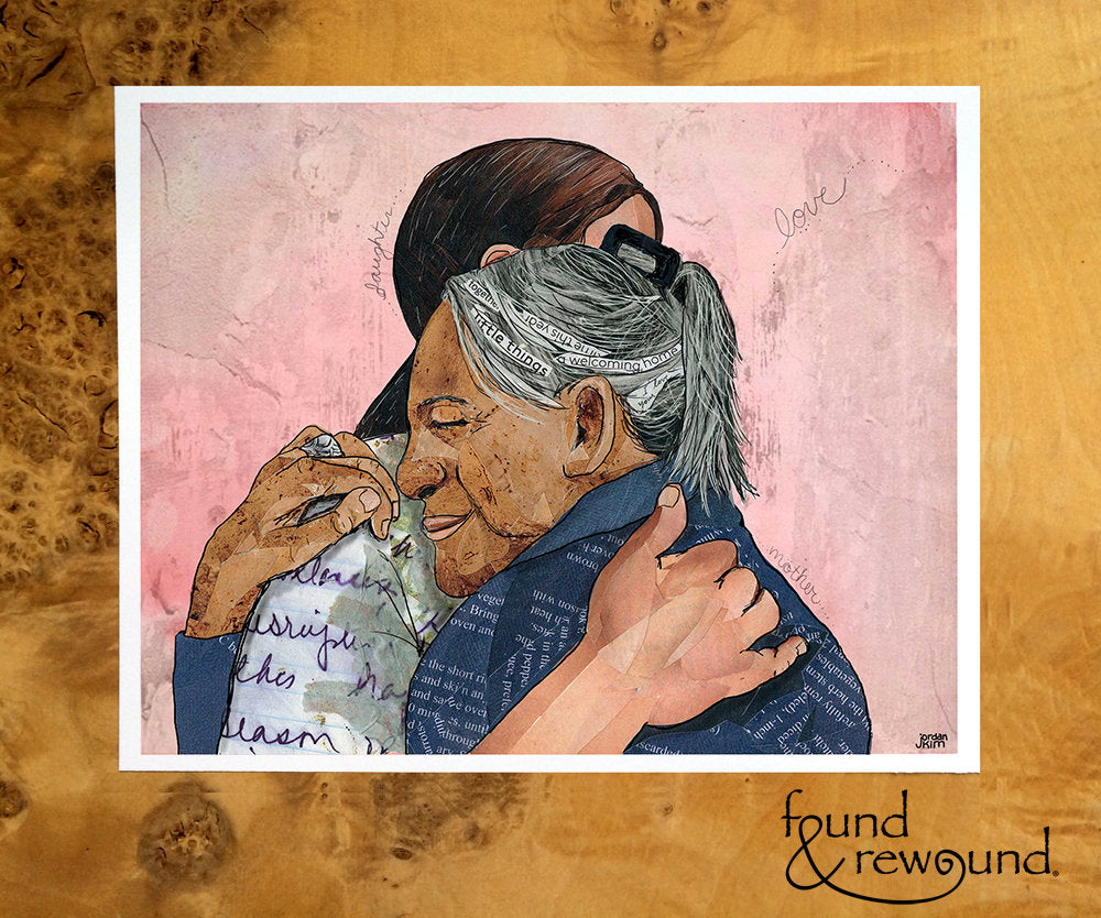 8x10 Art print of a Paper Collage of an elderly woman hugging her daughter, mother, daughter, mom, pandemic art, connection - Wall Art