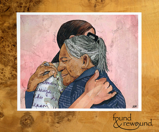 8x10 Art print of a Paper Collage of an elderly woman hugging her daughter, mother, daughter, mom, pandemic art, connection - Wall Art