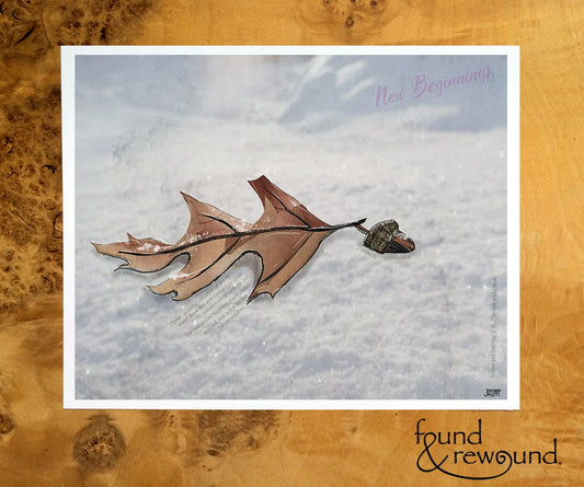 8x10 Art Print of a mixed media collage of an acorn and oak leaf in the snow, winter, reset - new beginnings