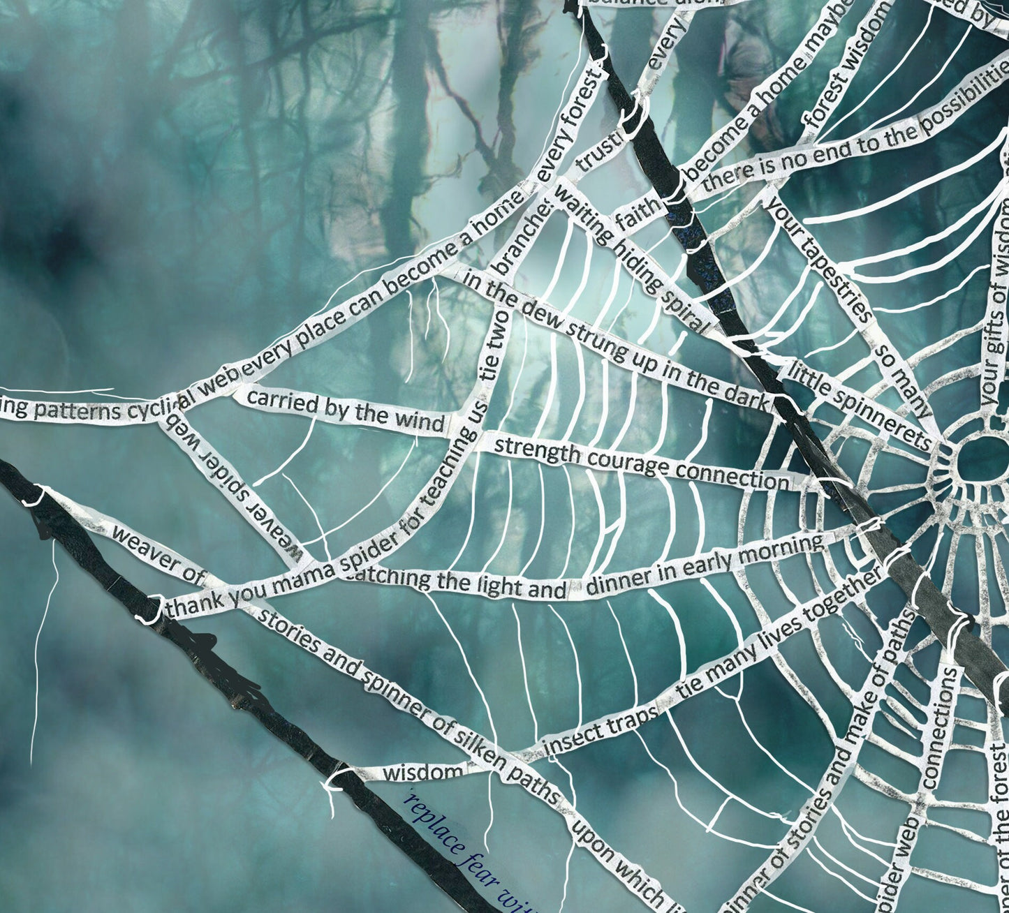 Greeting Card of a mixed media collage of a spider web made up of text about spiders, Halloween, autumn,- Blank inside