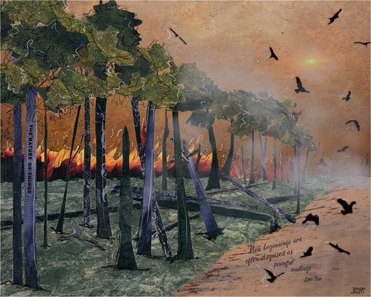 Greeting Card of a mixed media collage of birds fleeing from a fire with Lao Tsu quote, new beginnings - blank inside