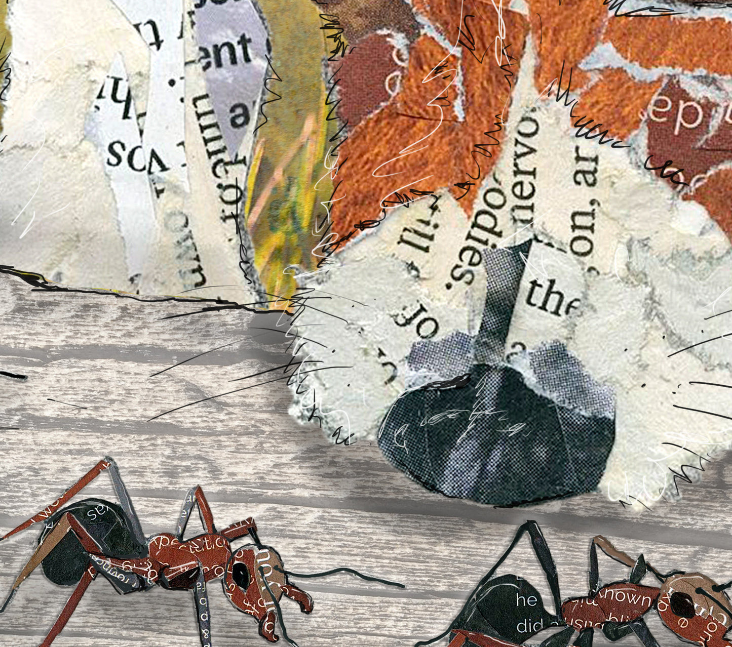 Greeting Card of a mixed media collage of a dog sniffing some ants marching along a log, inspiration phrase - blank inside