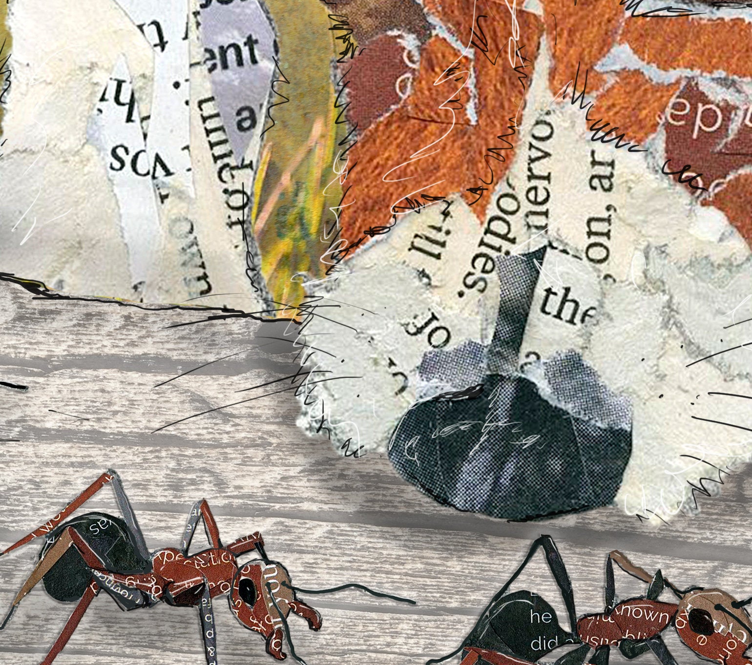 Greeting Card of a mixed media collage of a dog sniffing some ants marching along a log, inspiration phrase - blank inside