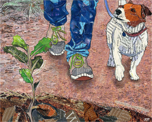 8x10 Art Print of a mixed media collage of a person walking a dog along a path with an oak seedling in the foreground, inspirational text