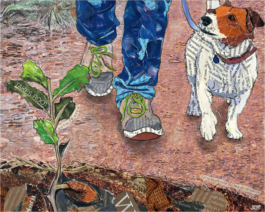 Greeting Card of a mixed media collage of a person walking a dog with an oak seedling in the foreground, inspirational text - blank inside