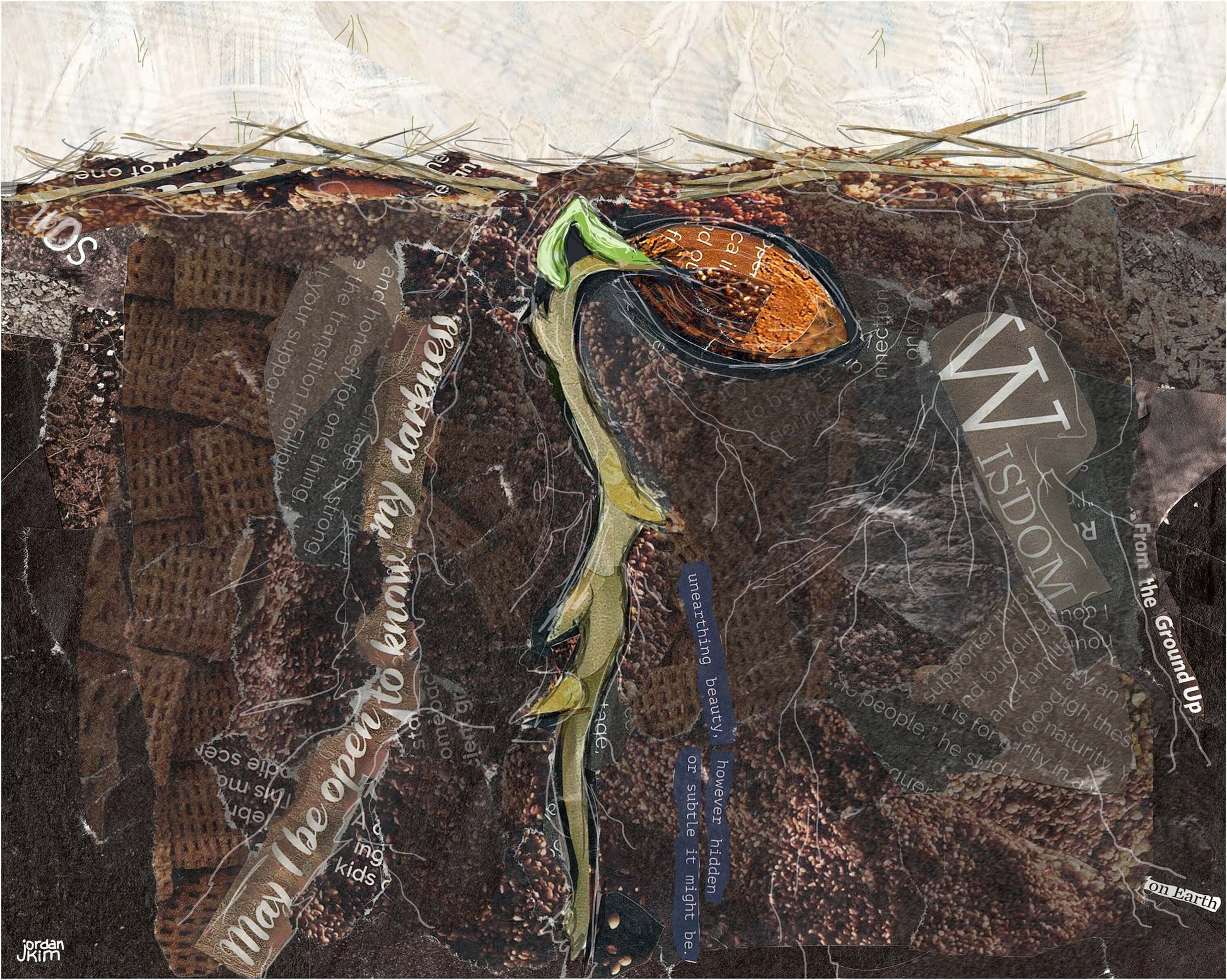 Greeting Card of a mixed media collage of an acorn sprouting underground with snow above the soil surface, inspirational text - blank inside