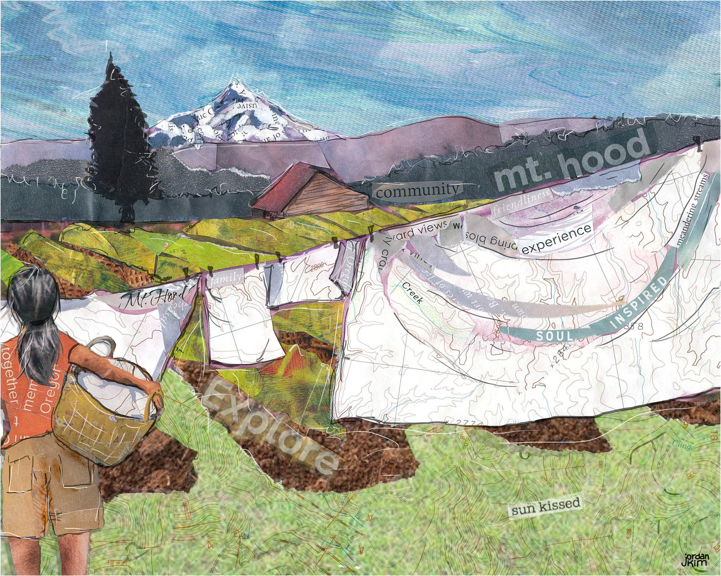Greeting Card of a woman hanging laundry on a clothesline near Mt. Hood - Order a Custom Design for Your Home Town! - Blank Inside
