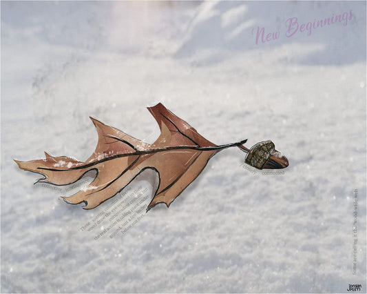8x10 Art Print of a mixed media collage of an acorn and oak leaf in the snow, winter, reset - new beginnings