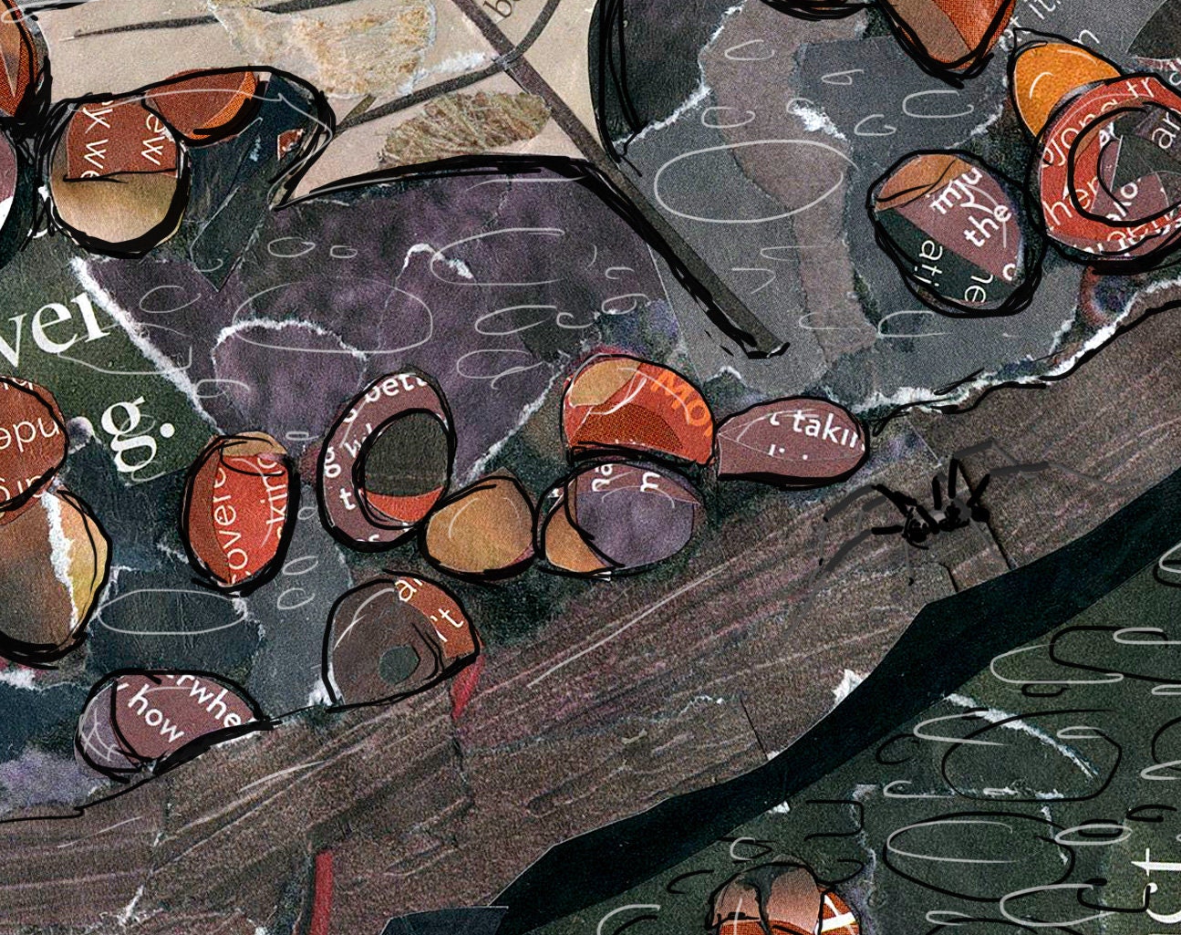Greeting Card of a mixed media collage of acorns among burned tree roots, spider, fall, autumn, leaves- Blank inside