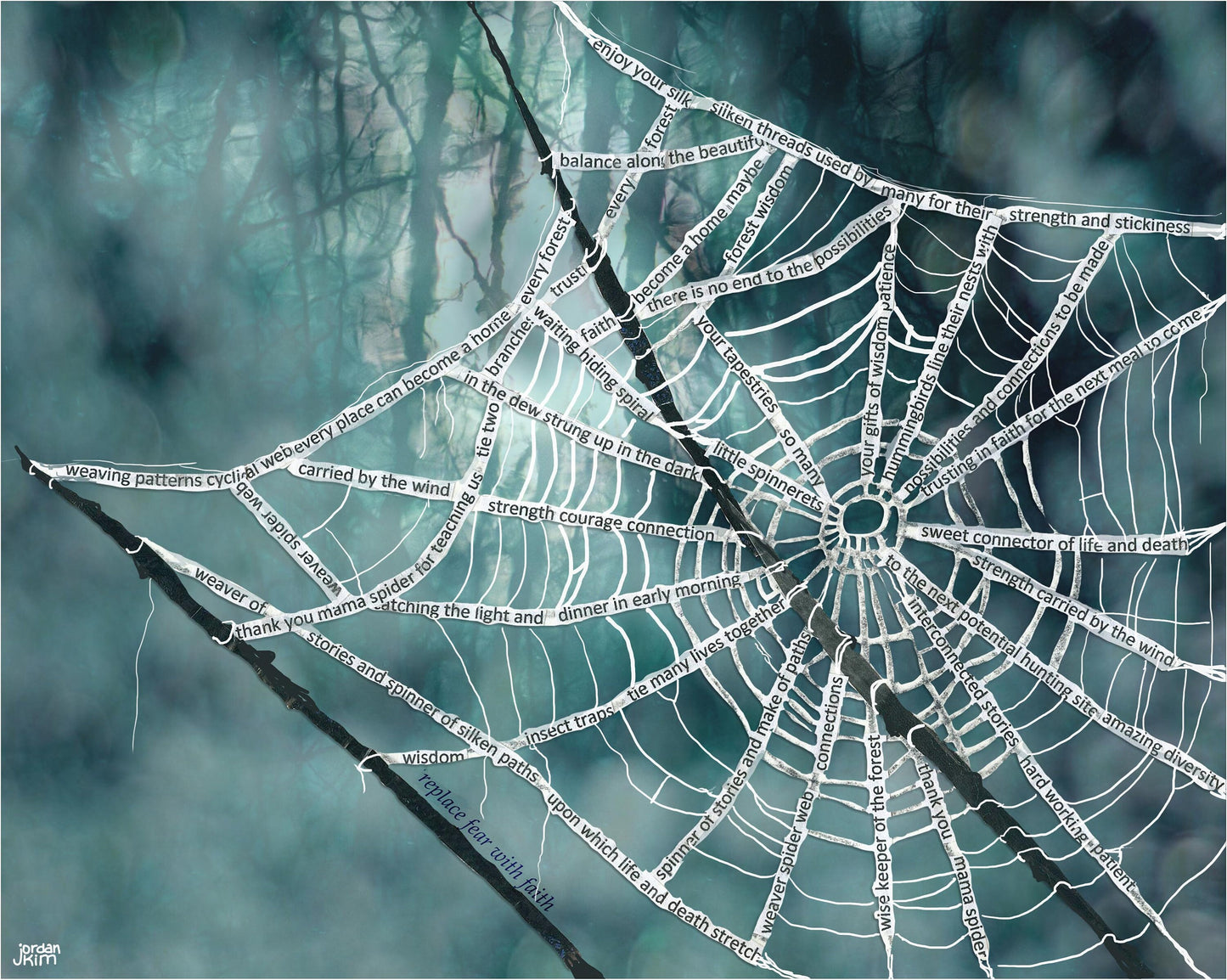 Greeting Card of a mixed media collage of a spider web made up of text about spiders, Halloween, autumn,- Blank inside
