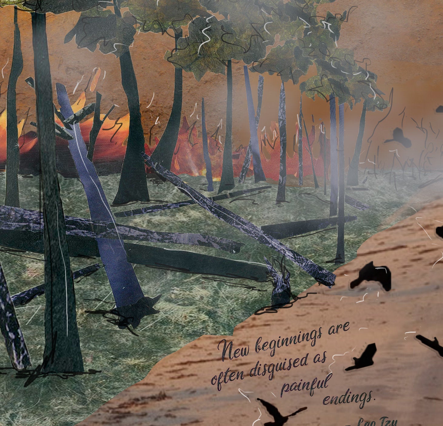 Greeting Card of a mixed media collage of birds fleeing from a fire with Lao Tsu quote, new beginnings - blank inside