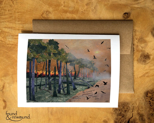 Greeting Card of a mixed media collage of birds fleeing from a fire with Lao Tsu quote, new beginnings - blank inside