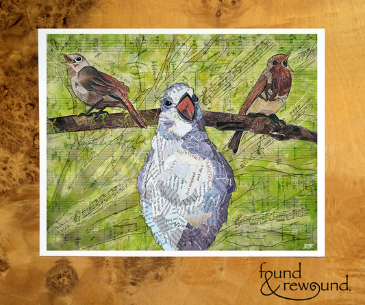 8x10 Art Print of a mixed media collage of birds singing in the tree branches made of sheet music - green, music