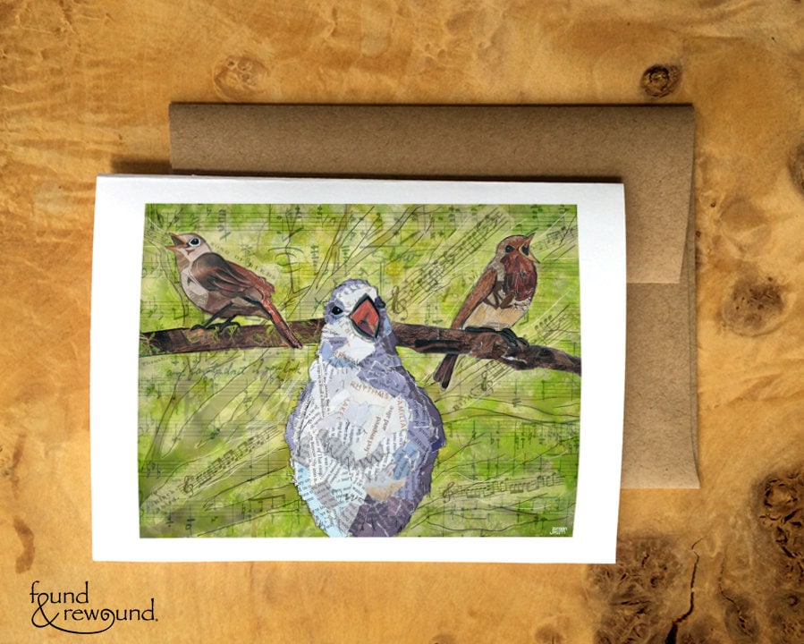 Greeting Card of a mixed media collage of birds singing in the tree branches made of sheet music - green, music - blank inside